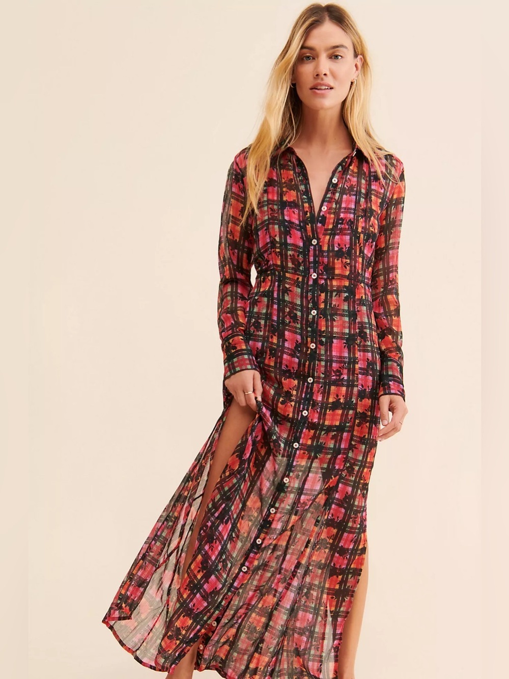 Free People Jerra Colorful Plaid Chiffon 2-in-1 Maxi Shirt/Mini Slip Dress Sz XS
